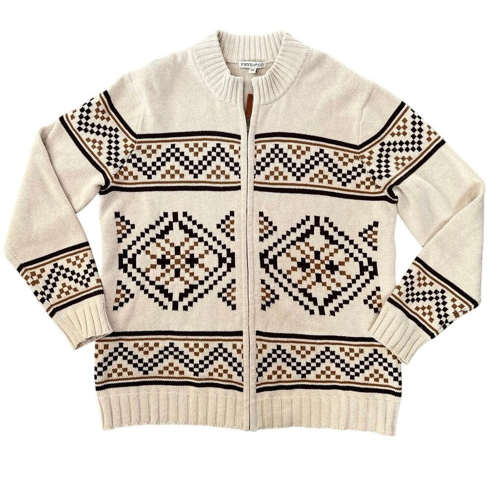 Frye & Co. fair isle full zip cardigan sweater mock neck tan Cabincore winter